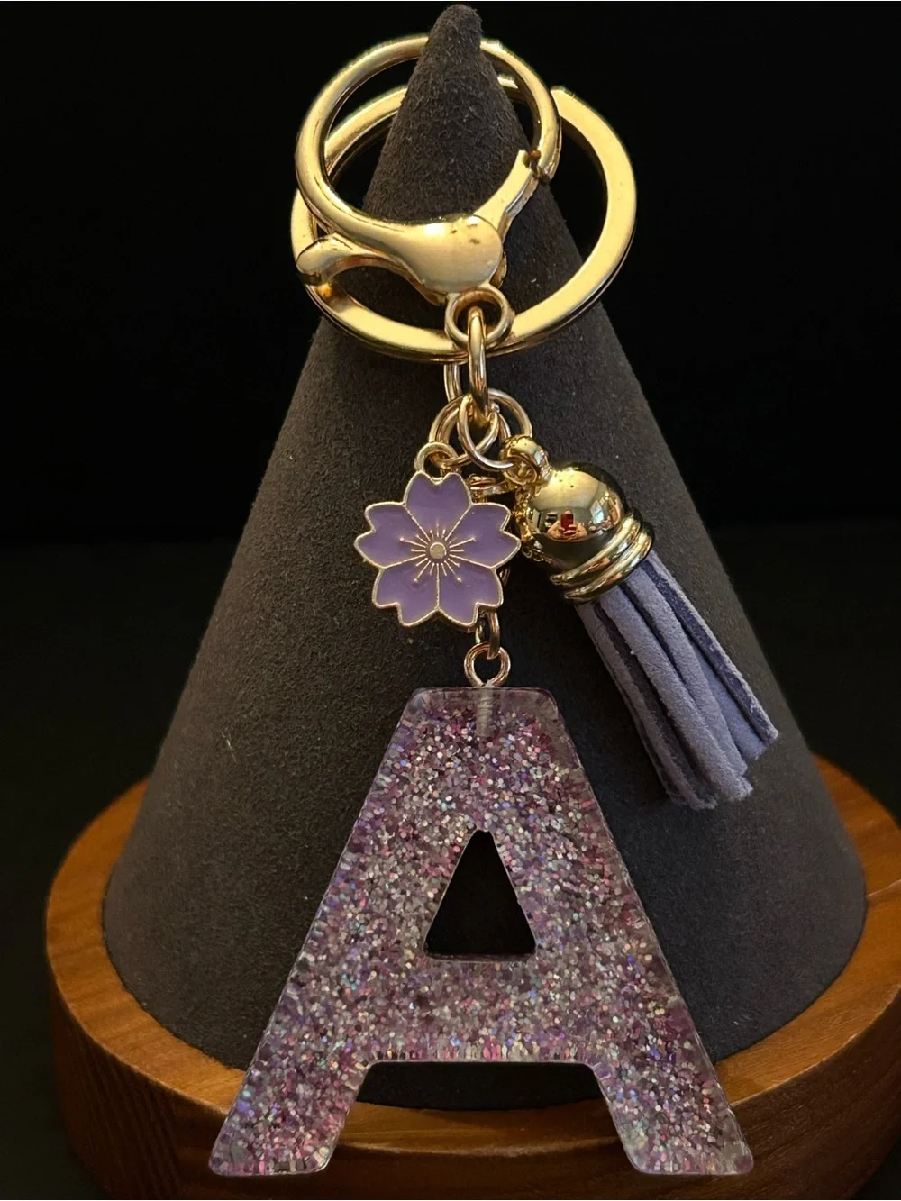 Gold-Tone Key & Card Holder w/Purple Glitter Choice of Initial Charm w/Tassel